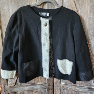 CAMELEON Cardigan Women's Size Medium Black Wool Blend Sweater Patchwork Pockets
